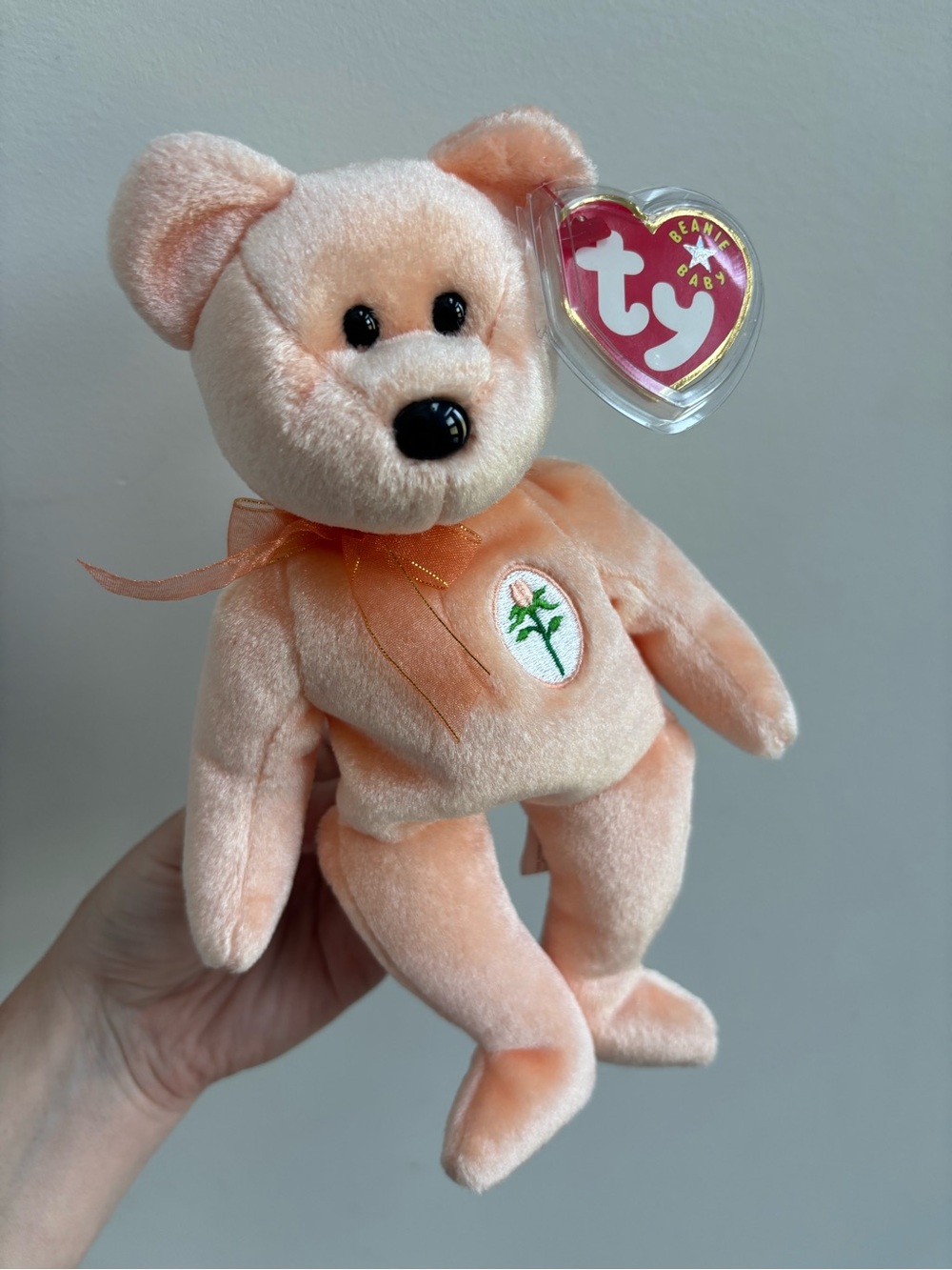TY Beanie Baby Peach Bear with Rose Emblem, “Dearest”